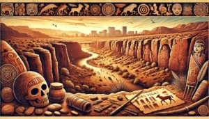 A visually captivating oblong image showcasing the ancient history of the Nevada Desert. The image should include scenic desert landscapes with canyon