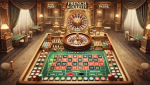 An oblong image representing French Roulette, featuring a luxurious casino setting with a classic French roulette table. The table should display the