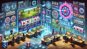 A high-quality digital illustration of a generic slot game development concept. The image features a creative workspace with developers and designers