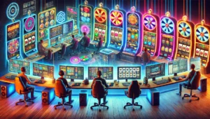 .A high-quality digital illustration of a modern slot game development studio. The scene features developers and designers working on slot machine grap