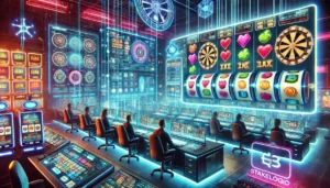 A high-quality digital illustration of a futuristic casino slot game development studio. The scene showcases high-tech developers working on advanced .webp