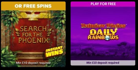 Rainbow Riches Daily Rainbows and Secrets of The Phoenix instant wins at Bally Casino UK