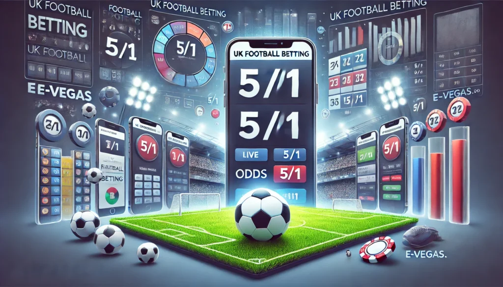 Create an oblong image for an article titled 'Navigating UK Football Betting_ A Comprehensive Guide' for E-Vegas.com. Include visual elements such as