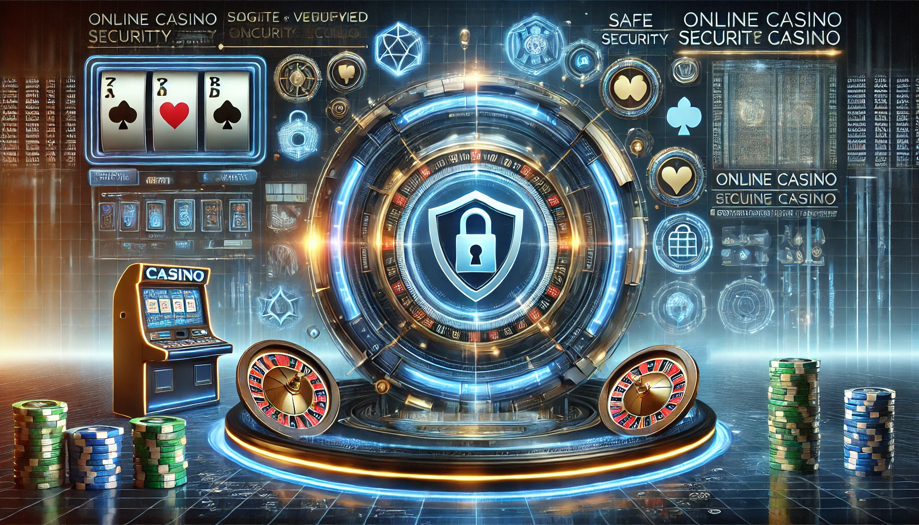 A high-quality digital illustration of a futuristic online casino security concept. The image features a sleek digital interface with glowing security