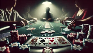 A dramatic poker table scene set in a dimly lit room, designed in an oblong format. The focus is on the flop, showcasing three community cards (e.g.,