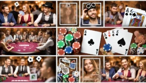 Create an image of a lively poker table scene with players engaged, some celebrating wins, and others deep in thought. Show cards and chips on the tab