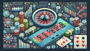 Create an oblong image illustrating the Martingale strategy in roulette for an E-Vegas.com article. The image should include visual elements like a ro