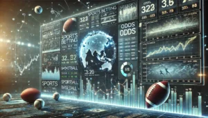 A high-tech trading screen displaying sports betting odds with dynamic data and charts. The screen should show odds for various sports, with a futuris