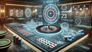A high-tech gambling strategy-themed image featuring a sleek casino environment with glowing digital interfaces, holographic roulette wheels, and futu