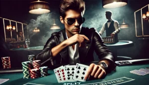 A cool, shady blackjack player sitting at a dimly lit casino table, contemplating whether to split his sevens. He wears sunglasses and a leather jacke