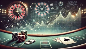 An oblong image illustrating the concept of blackjack strategy with a casino table in the foreground, showing blackjack cards, chips, and a graph over
