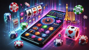 An oblong image showcasing the concept of mobile gambling sites. The image should feature a sleek smartphone displaying a vibrant casino interface wit