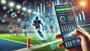 An oblong image depicting American football betting on player performance markets. The scene includes a dynamic football field in the background with