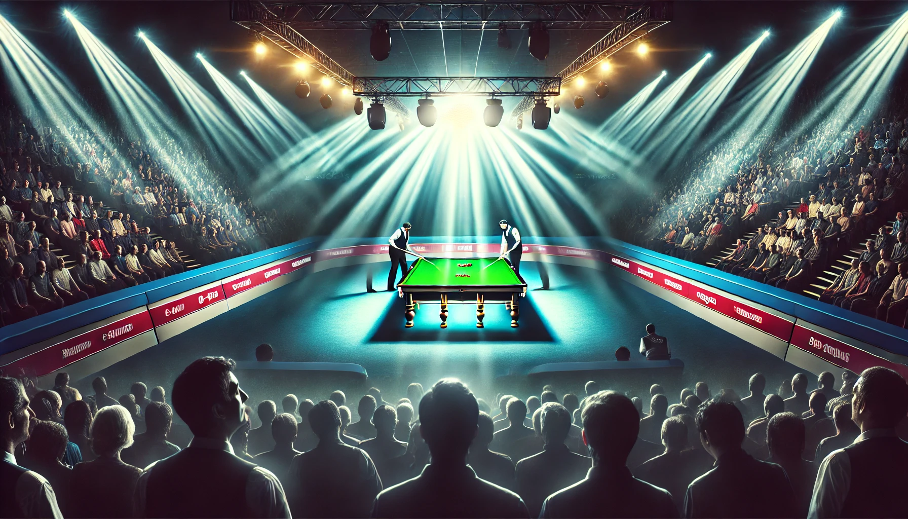 A captivating oblong image of a World Snooker Tournament scene. It features a professional snooker table under bright, dramatic spotlighting in an are