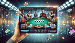 A professional and captivating oblong image featuring an online poker tournament scene. The image includes a digital poker table interface with player