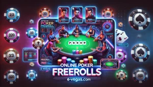 An engaging oblong image of an online poker freeroll game. The scene displays a sleek digital poker table with virtual players' avatars, colorful chip