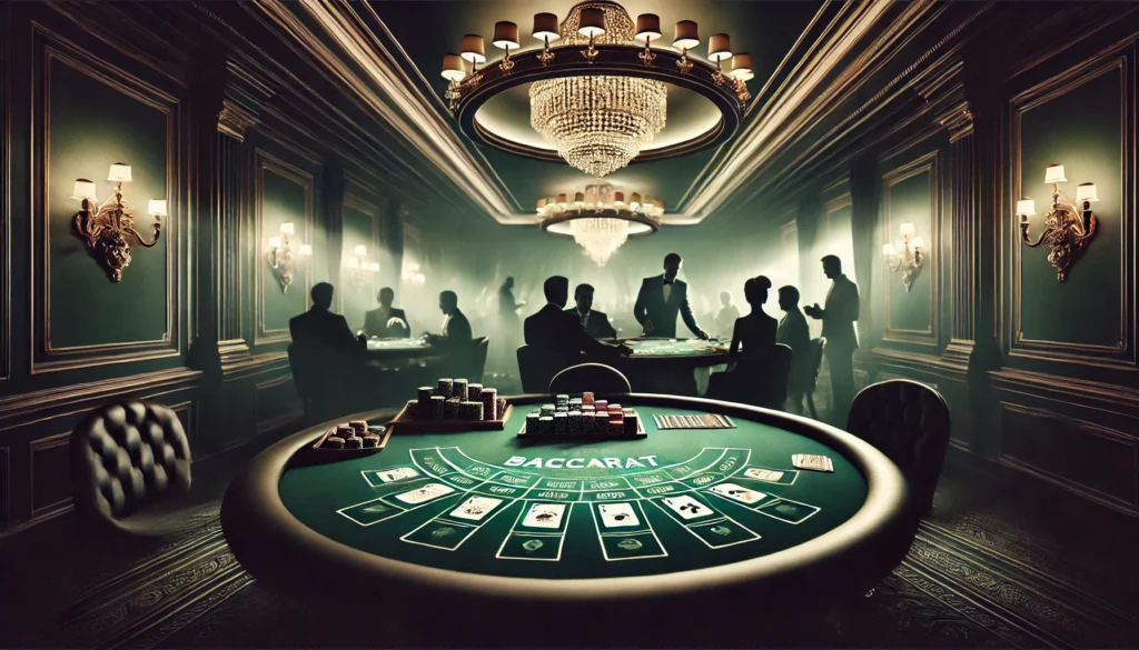 A sophisticated and luxurious baccarat table set in a high-end casino room. The image should feature dim, ambient lighting, plush surroundings, and a