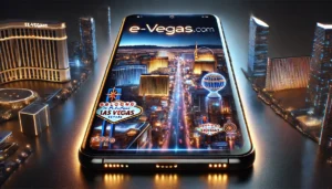 A sleek oblong image featuring a mobile phone with the 'E-Vegas.com' logo displayed prominently on its screen. The backdrop showcases a stunning Las V