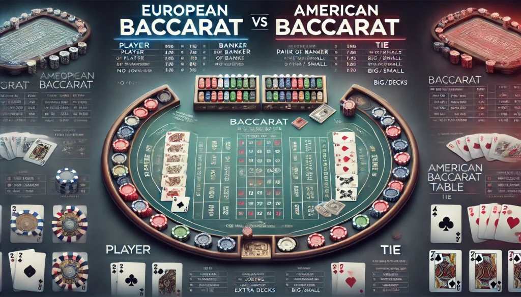 A detailed side-by-side comparison of European and American baccarat tables. On the left, the European baccarat table is shown, with its simple layout