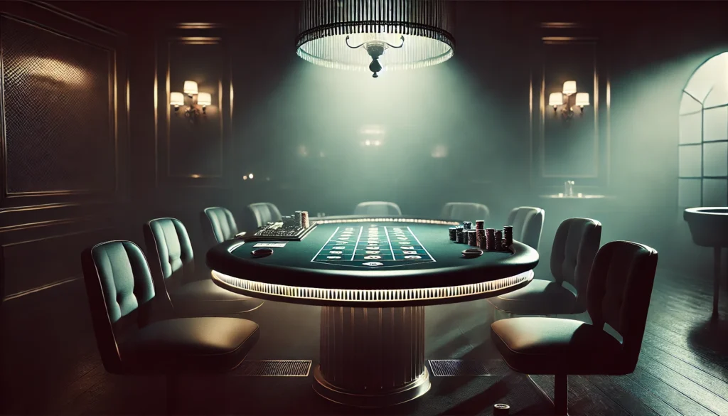 A sleek, stylish image of a dimly lit casino room with a baccarat table in the center. The table is set with cards and chips, creating a cool and shad