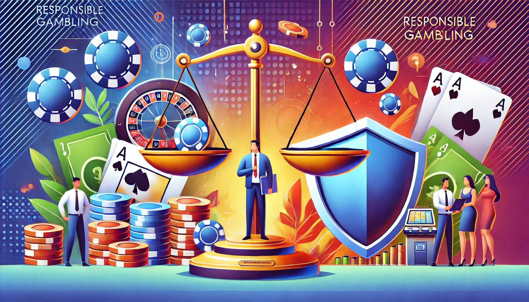 An illustration representing responsible gambling. The image features a balanced scale with gambling chips on one side and a shield on the other, symb