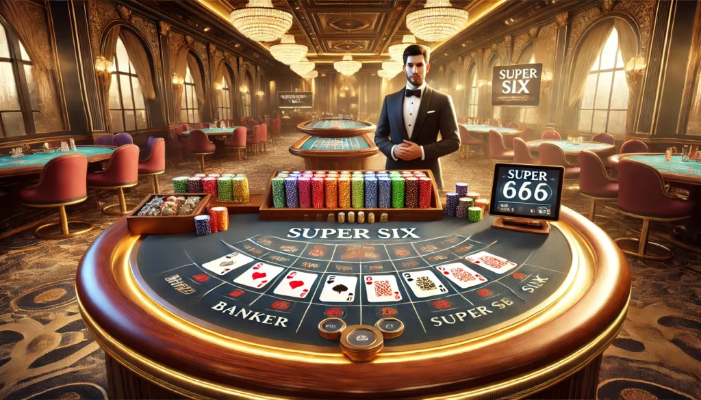 A high-stakes Baccarat table with a focus on the Super Six Bet. The image features an elegant casino setting with a polished wooden Baccarat table, st.webp